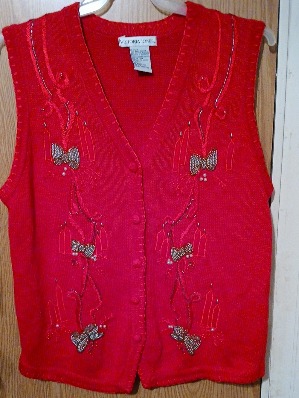 Victoria Jones Red Embellished Knit Christmas Button Up Sweater Vest Size L